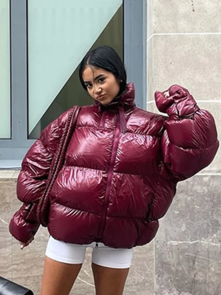 Olivia Shiny Oversized Puffer Jacket Women - Burgundy Trendy Winter Coat for Cold Days 2