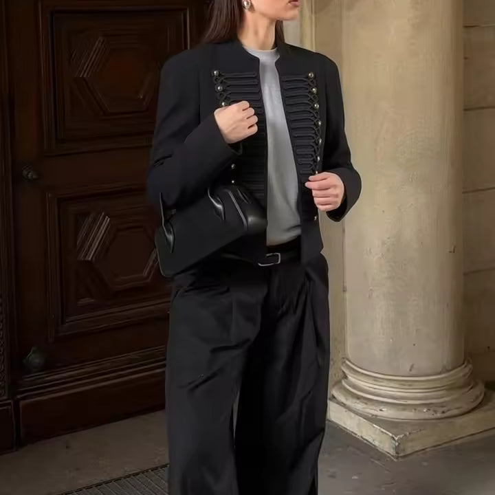 OLANE Military Leather Napoleon Jacket in Black