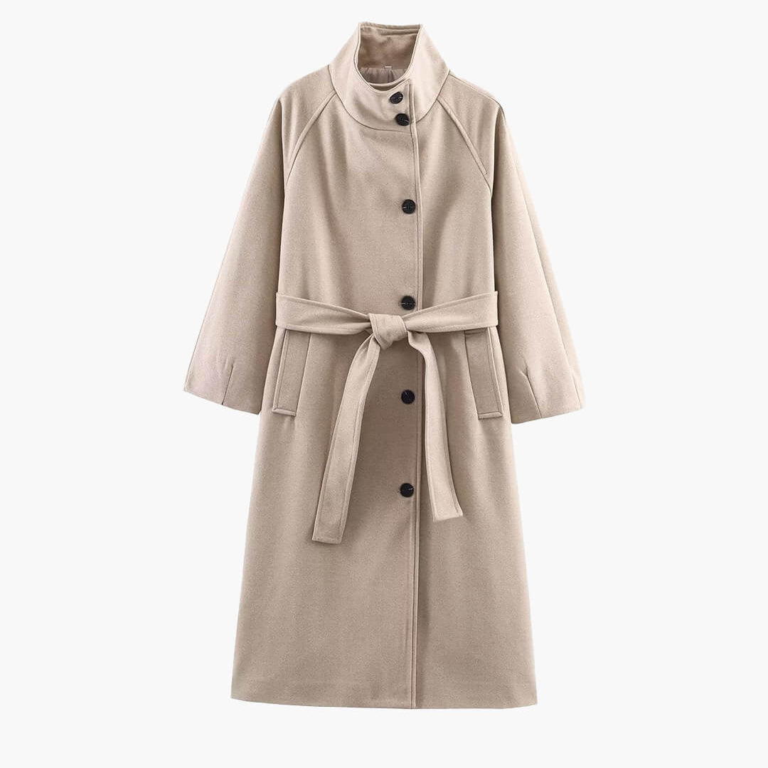 OLANE Angela Long Belted High Collar Coat BeigeSWomen's Coats & Jackets