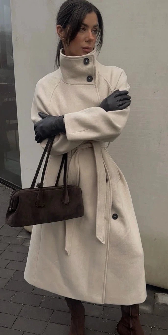 OLANE Angela Long Belted High Collar Coat BeigeSWomen's Coats & Jackets