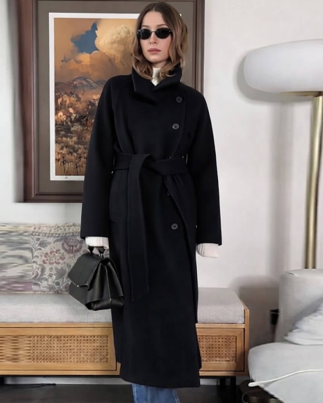 OLANE Angela Long Belted High Collar Coat BlackMWomen's Coats & Jackets