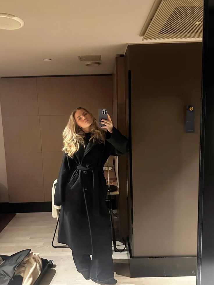 OLANE Angela Long Belted High Collar Coat BlackMWomen's Coats & Jackets