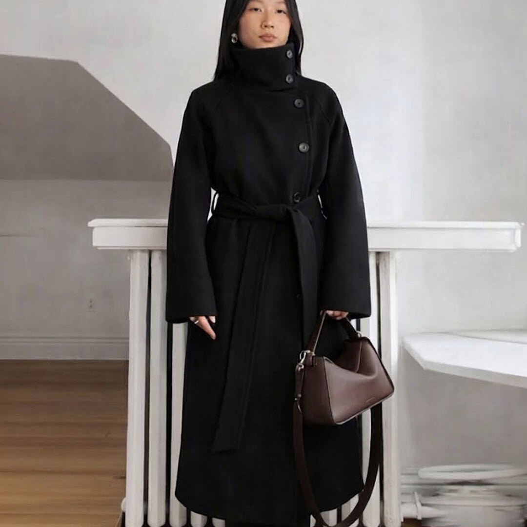 OLANE Angela Long Belted High Collar Coat BlackSWomen's Coats & Jackets