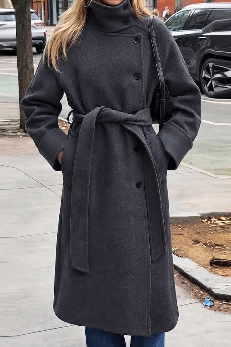 OLANE Angela Long Belted High Collar Coat GreySWomen's Coats & Jackets