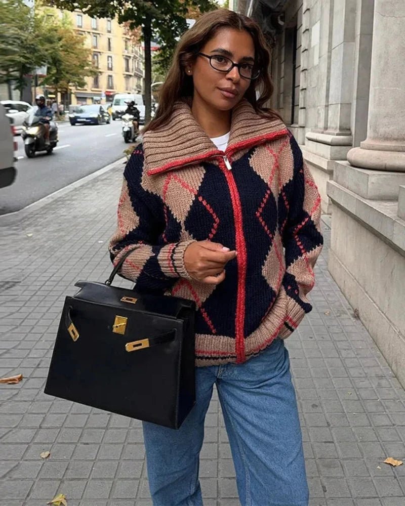 OLANE Argyle Ribbed Knit Zip-Up Cardigan SCardigan