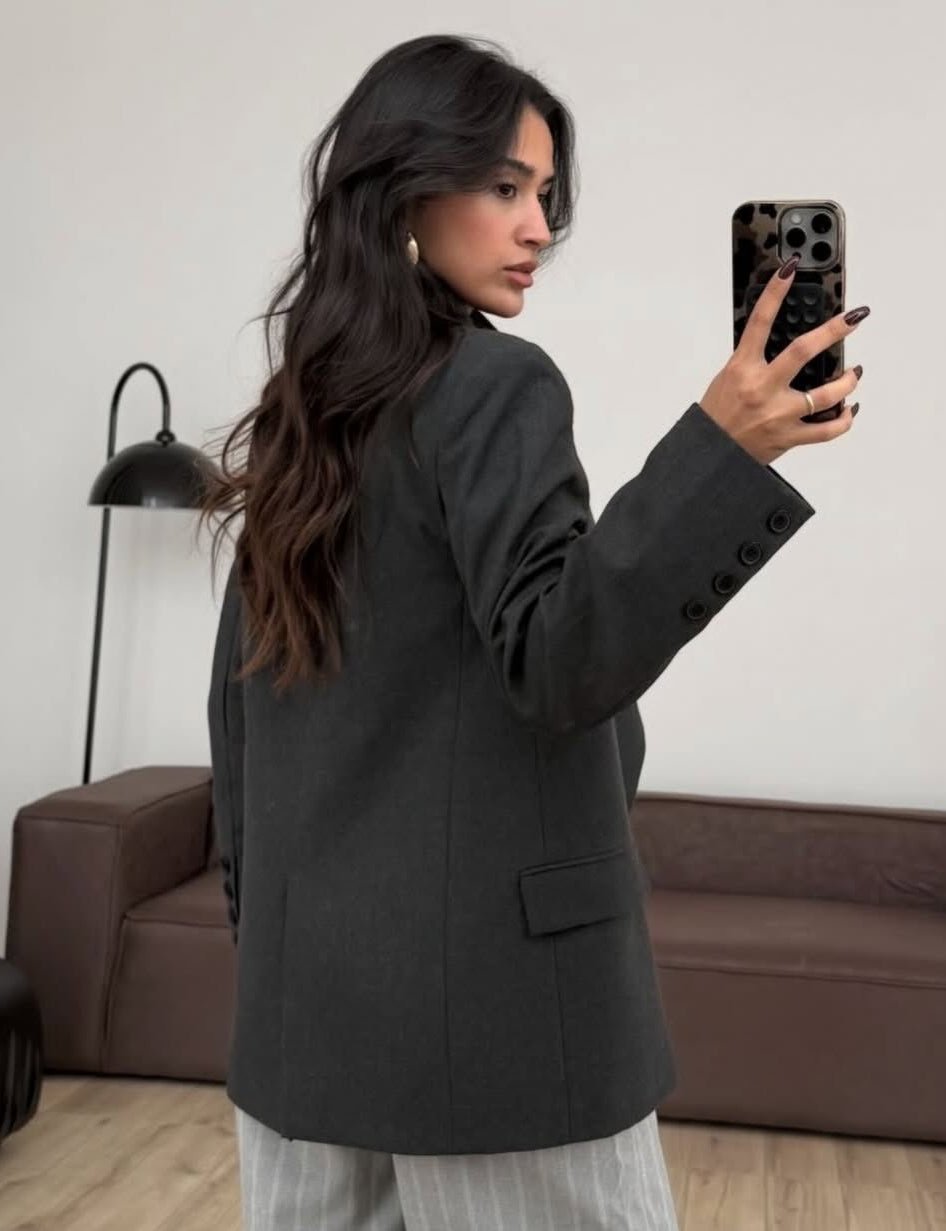 OLANE Asymmetric High Neck Blazer Coat Charcoal GreyXSBlazer