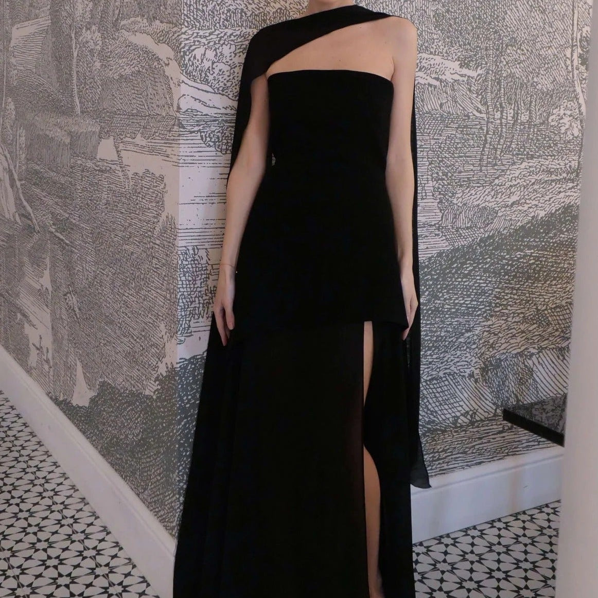 OLANE Asymmetric Sheer Maxi Dress with Scarf BlackSWomen's Dresses