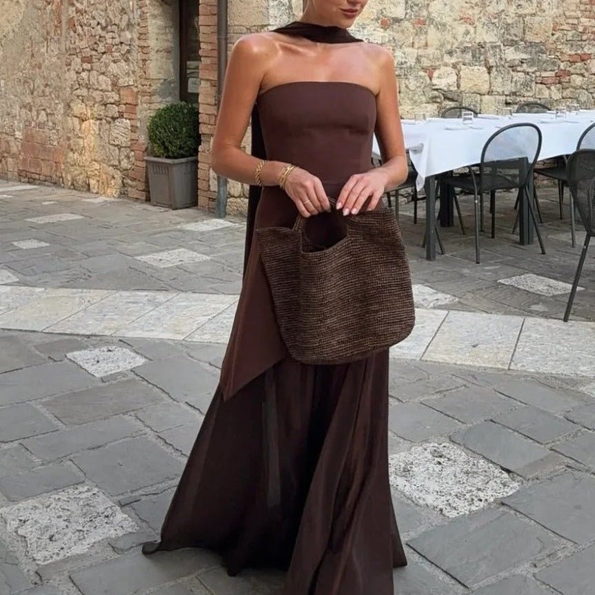 OLANE Asymmetric Sheer Maxi Dress with Scarf BrownSWomen's Dresses