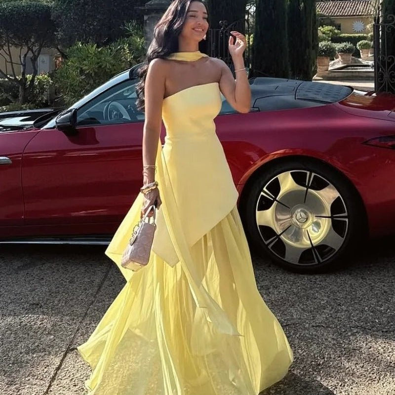 OLANE Asymmetric Sheer Maxi Dress with Scarf Butter YellowSWomen's Dresses