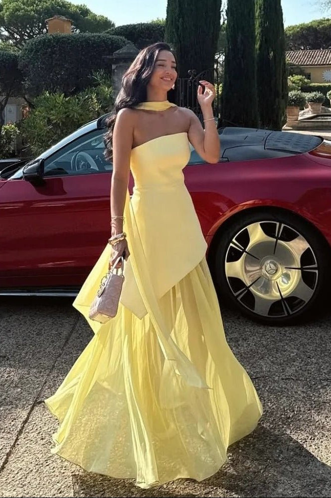 OLANE Asymmetric Sheer Maxi Dress with Scarf Butter YellowSWomen's Dresses