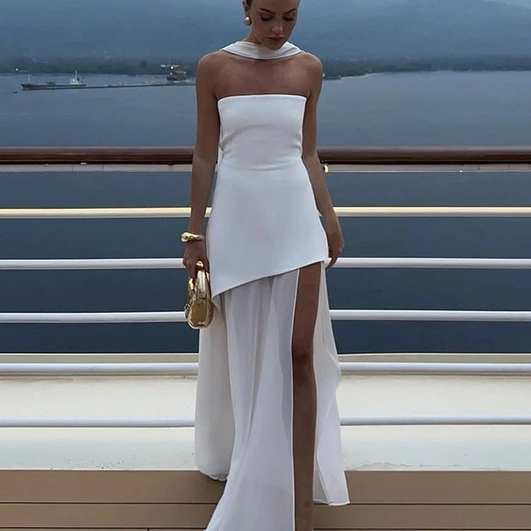 OLANE Asymmetric Sheer Maxi Dress with Scarf WhiteSWomen's Dresses