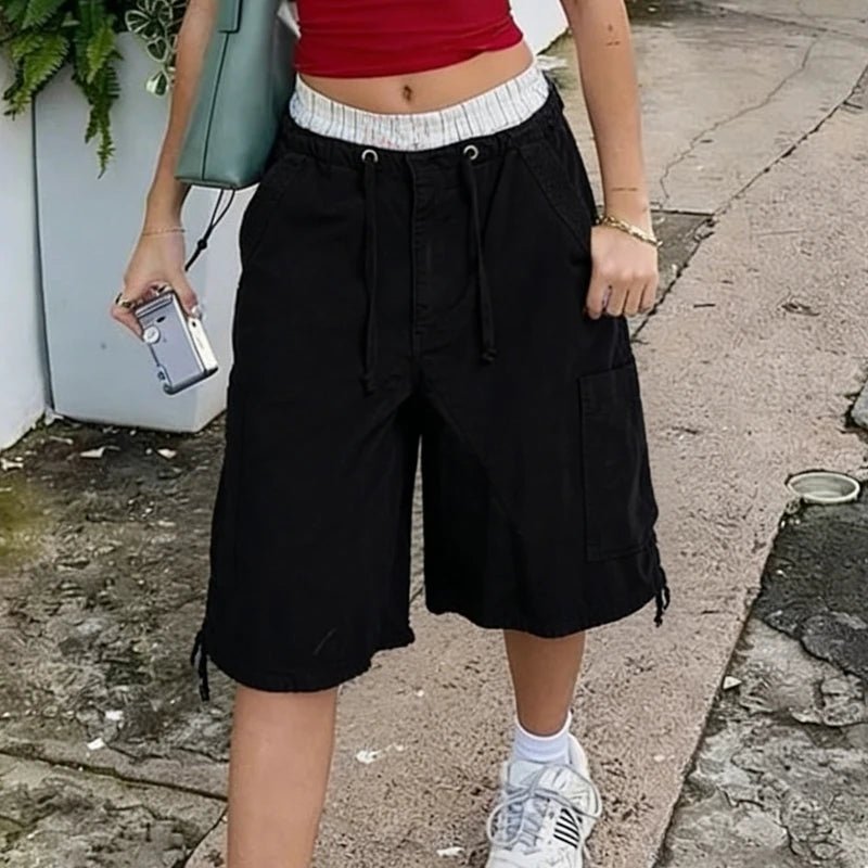 OLANE Baggy Cargo Denim Shorts BlackSWomen's Bottoms