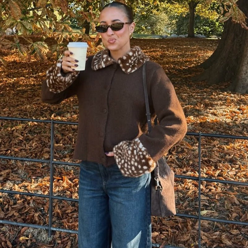 OLANE Bambi Faux Fur Trim Knit Cardigan BrownSCardigan