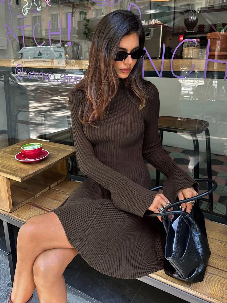OLANE Bell Sleeve Ribbed Knit Sweater Dress BrownSDress