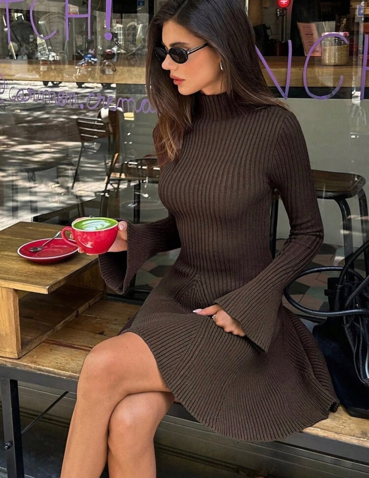 OLANE Bell Sleeve Ribbed Knit Sweater Dress BrownSDress
