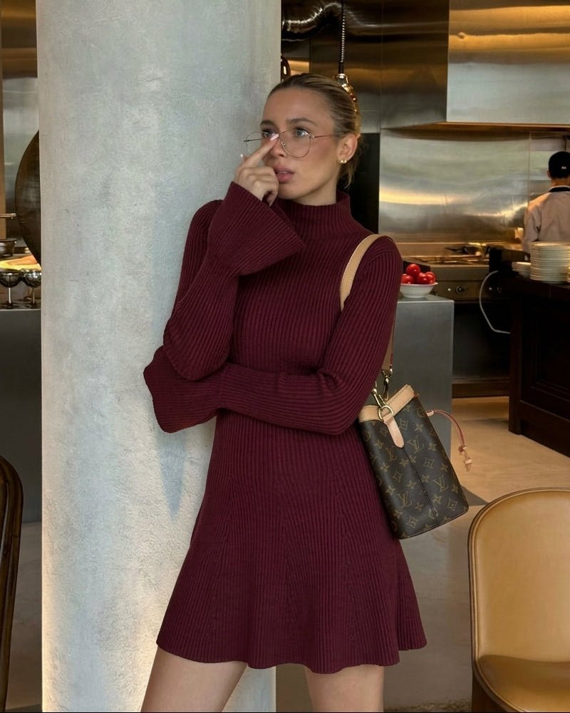 OLANE Bell Sleeve Ribbed Knit Sweater Dress WineSDress