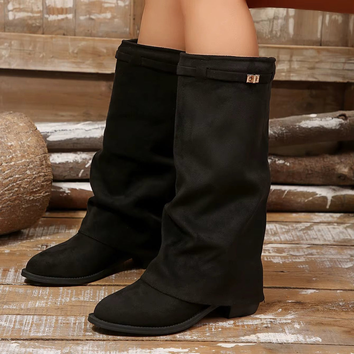 OLANE Belt Buckle Knee High Faux Suede Boots Black36Shoes