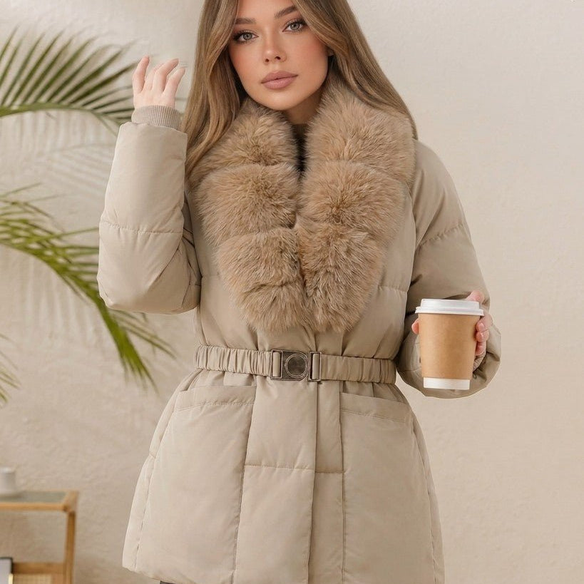 OLANE Belted Faux Fur Collar Quilted Parka BeigeSCoat