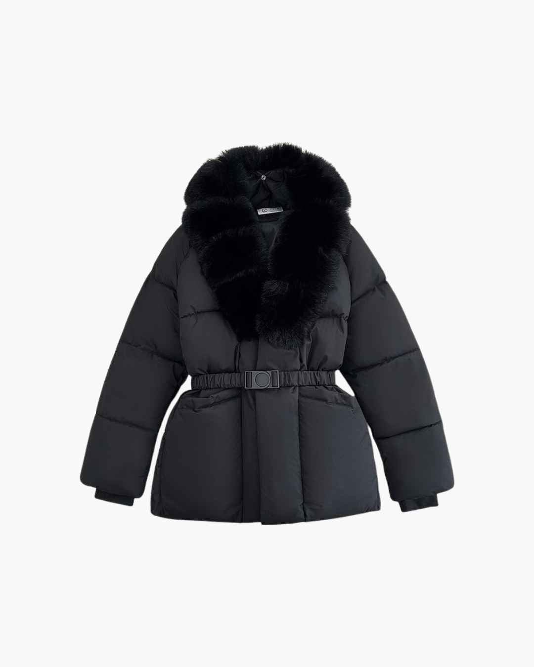 OLANE Belted Faux Fur Collar Quilted Parka BeigeSCoat