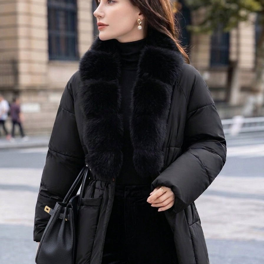 OLANE Belted Faux Fur Collar Quilted Parka BlackSCoat
