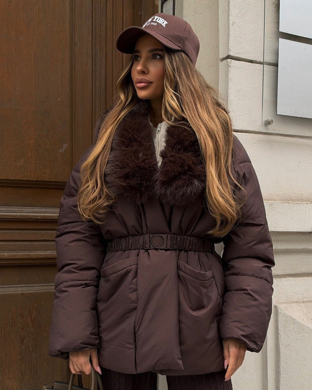 OLANE Belted Faux Fur Collar Quilted Parka BrownSCoat