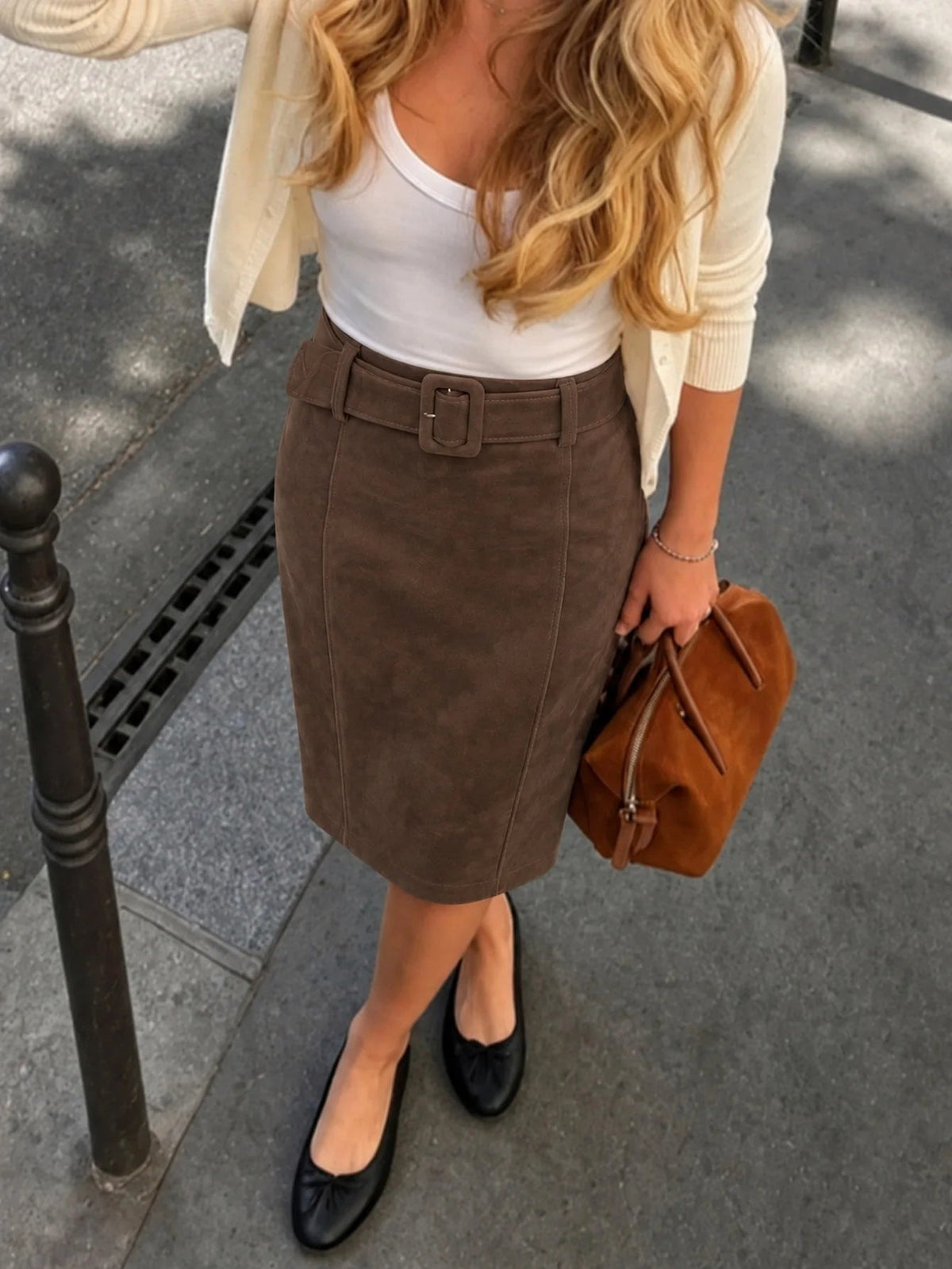 OLANE Belted Faux Suede Midi Skirt BrownLSkirt