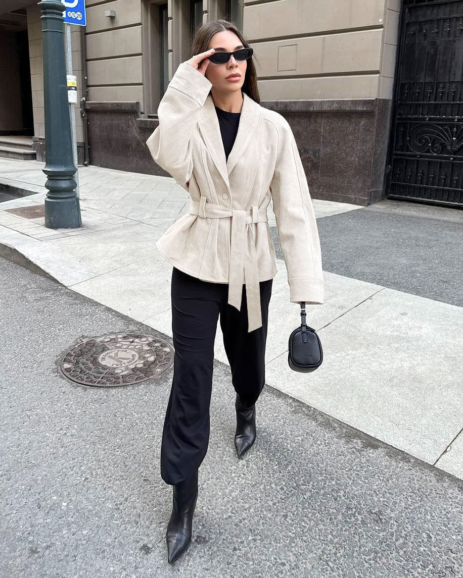 OLANE Belted Faux Suede Trench Coat BeigeLWomen's Coats & Jackets