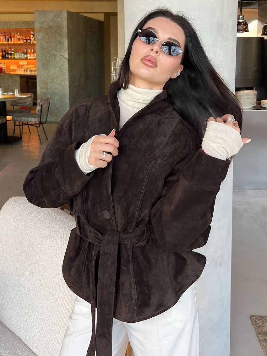 OLANE Belted Faux Suede Trench Coat BrownSWomen's Coats & Jackets