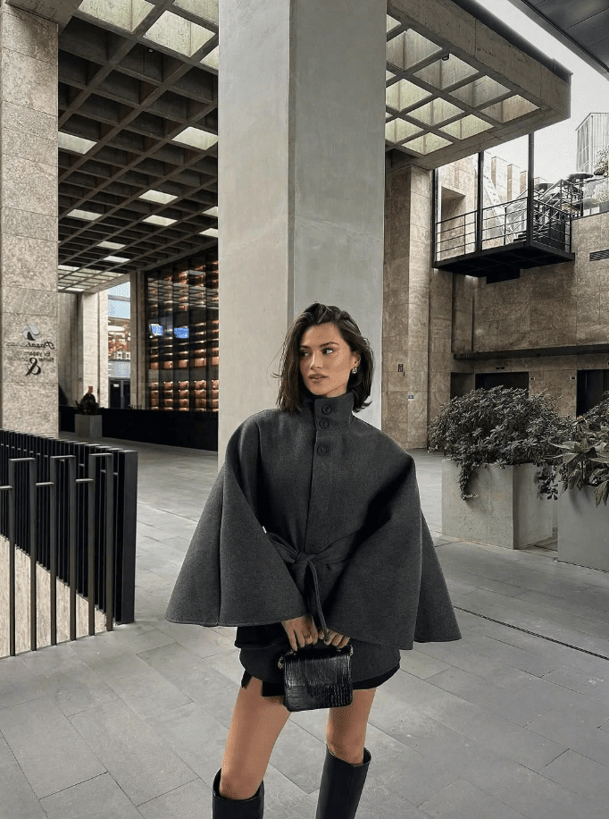 OLANE Belted High Neck Cape Jacket GreyLJacket