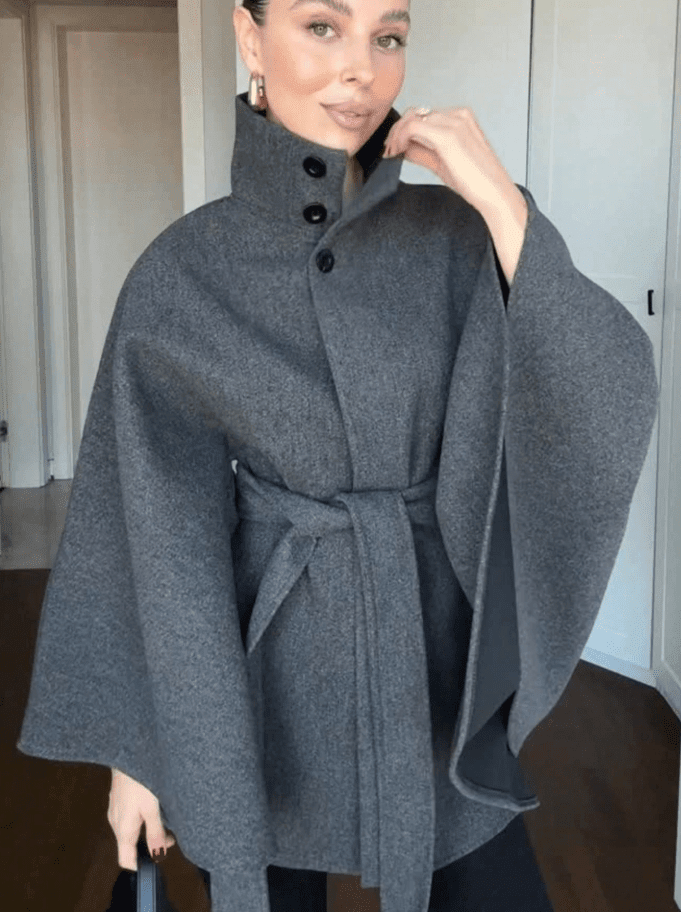 OLANE Belted High Neck Cape Jacket GreyLJacket