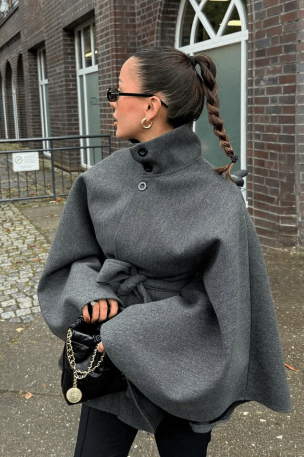 OLANE Belted High Neck Cape Jacket GreySJacket