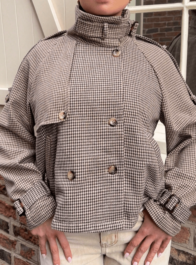 OLANE Belted Plaid Funnel Neck Coat BrownSWomen's Coats & Jackets