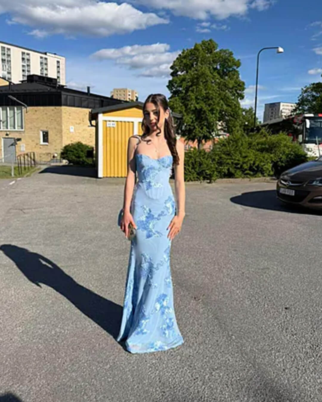 OLANE Bodycon Appliqué Tie-Back Evening Gown BlueXSWomen’s Dresses