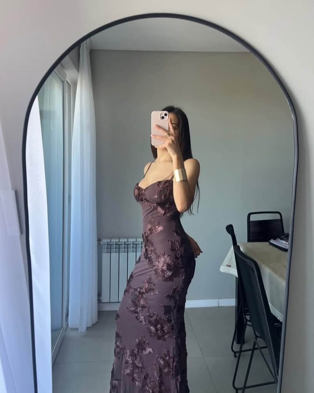 OLANE Bodycon Appliqué Tie-Back Evening Gown BrownXSWomen’s Dresses