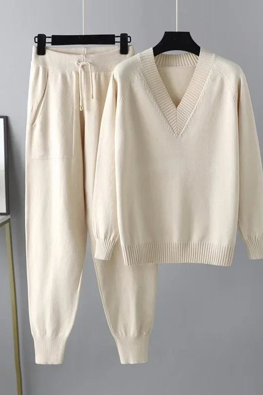 Olane Brand Knitted V - Neck Wool Set CremeSWomen's Sets