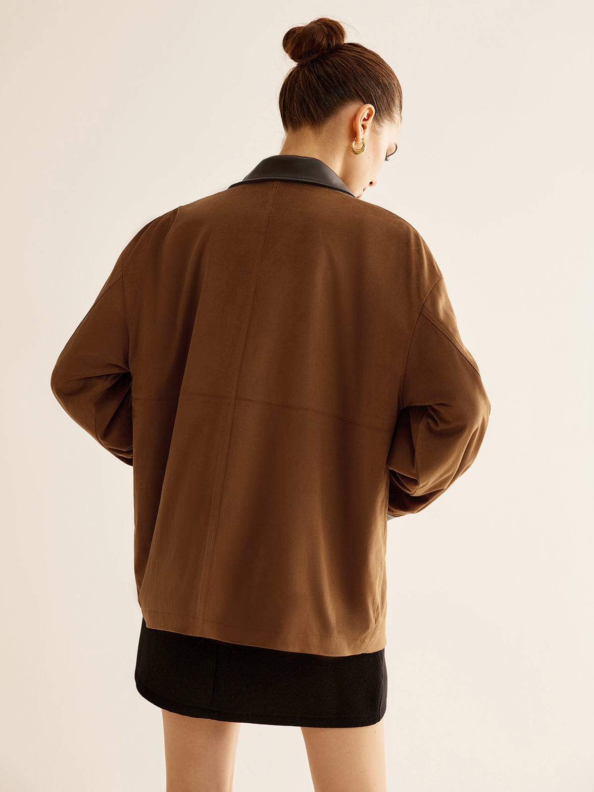 Olane Brand Oversized Jacket with Leather Accents BrownMWomen's Jackets