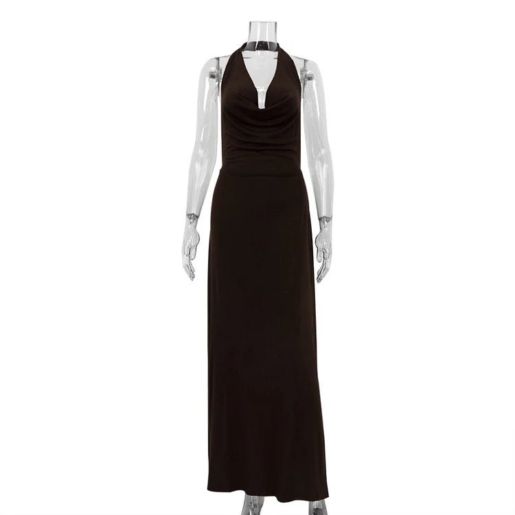 OLANE Brown Halter Backless Maxi Dress SWomen’s Dresses