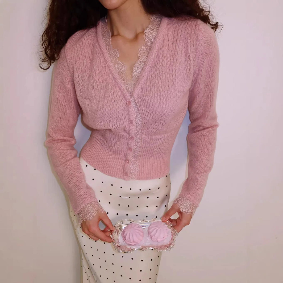 OLANE Buttoned V-Neck Lace Trim Cardigan PinkCardigan