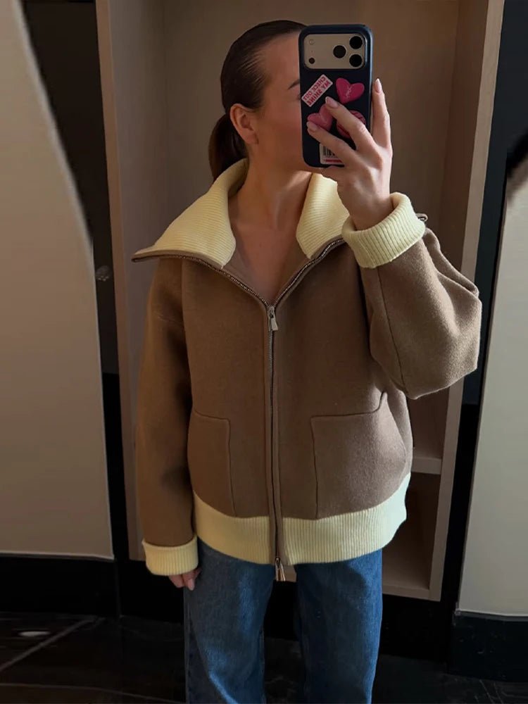 OLANE Casual Contrast Zip-Up Knit Cardigan SCardigan