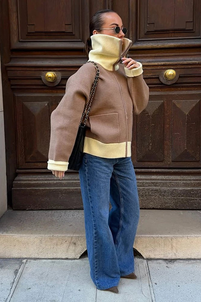 OLANE Casual Contrast Zip-Up Knit Cardigan SCardigan