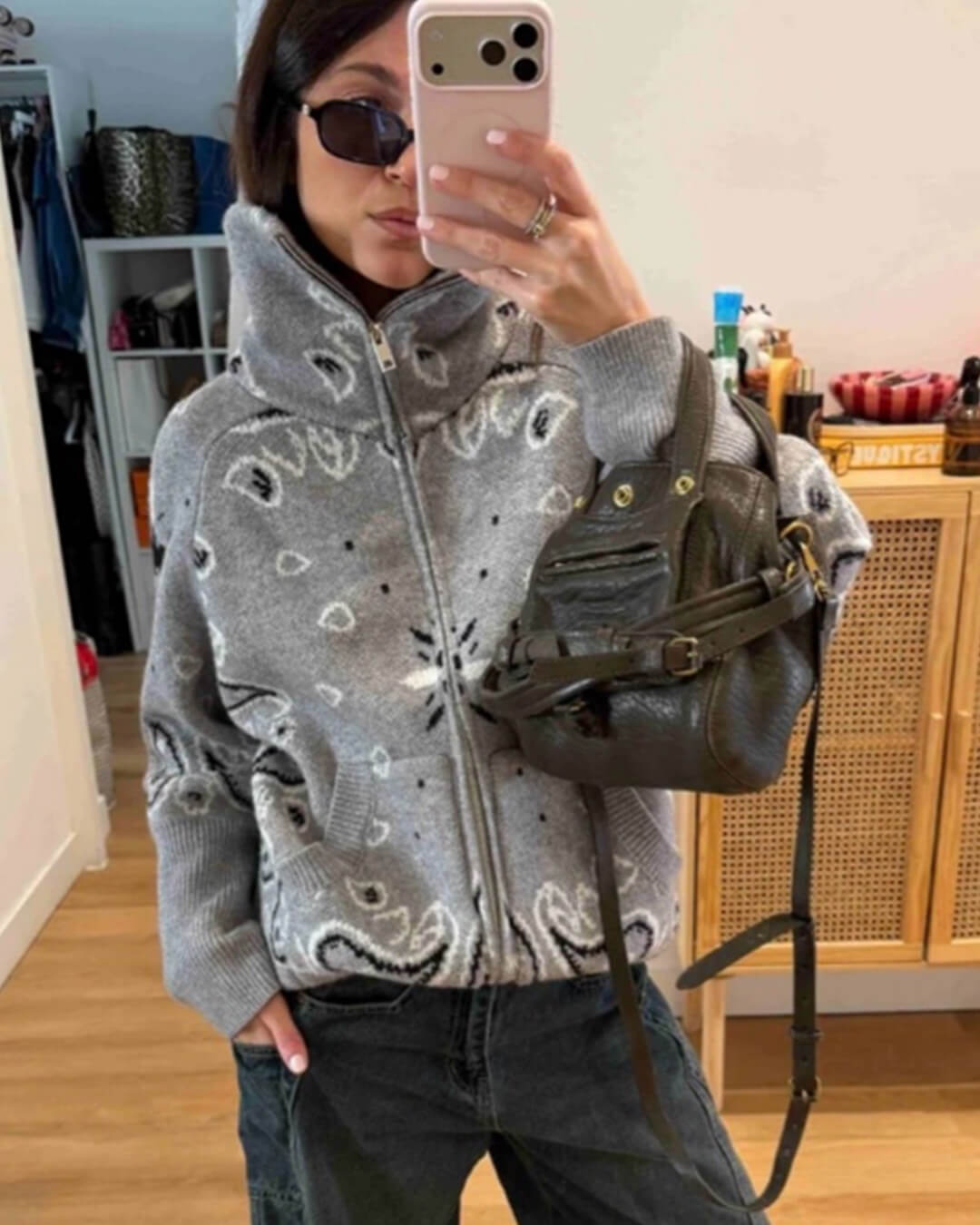 OLANE Casual Paisley Zip-Up Knit Jacket GreySWomen's Coats & Jackets