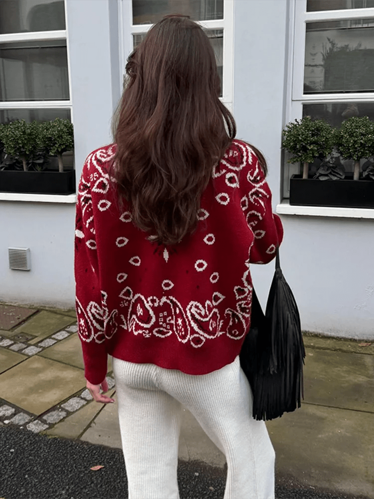 OLANE Casual Paisley Zip-Up Knit Jacket RedSWomen's Coats & Jackets