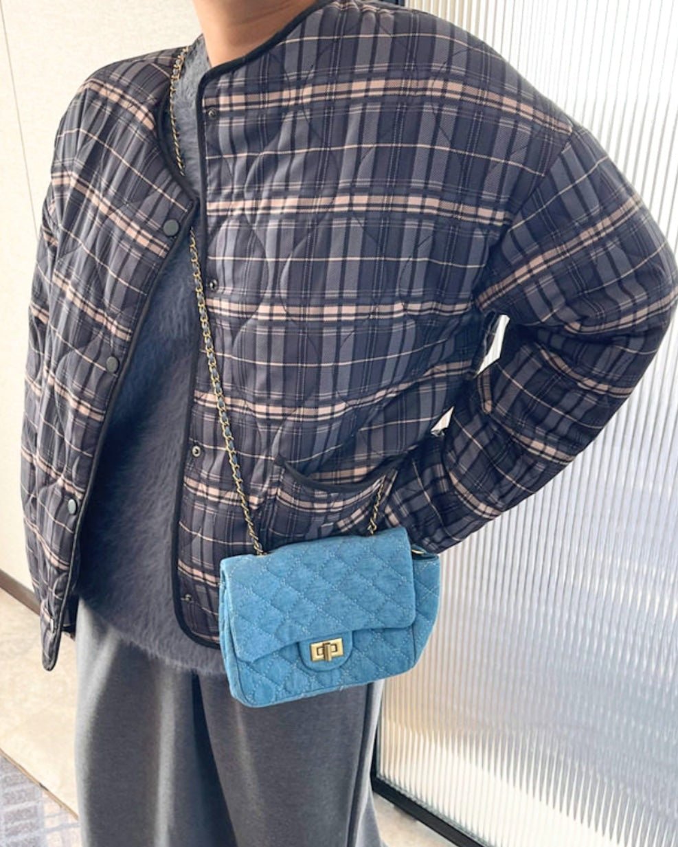 OLANE Casual Plaid Quilted Jacket Brown PlaidLJacket