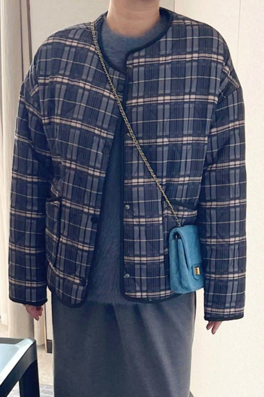 OLANE Casual Plaid Quilted Jacket Brown PlaidLJacket