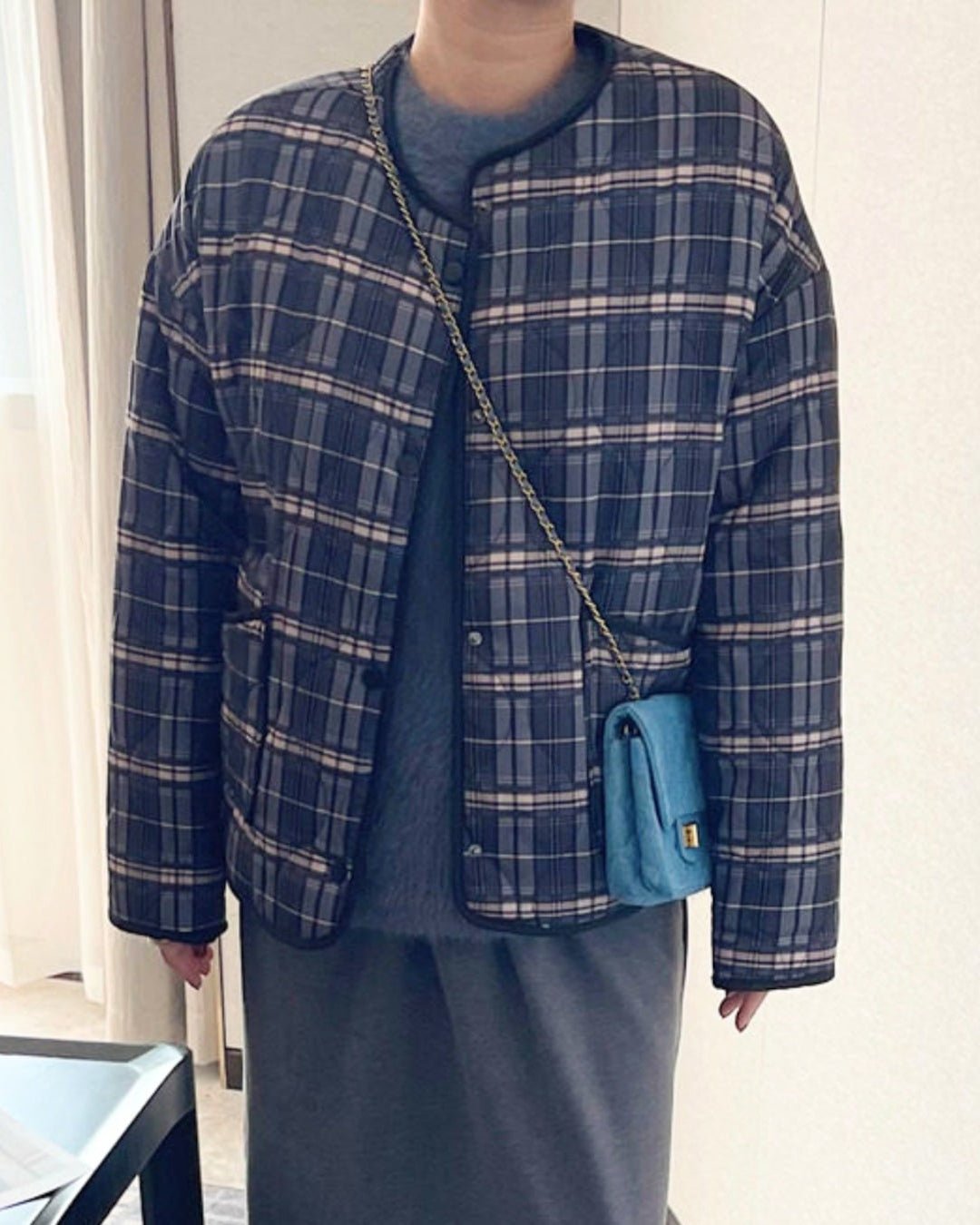 OLANE Casual Plaid Quilted Jacket Brown PlaidLJacket