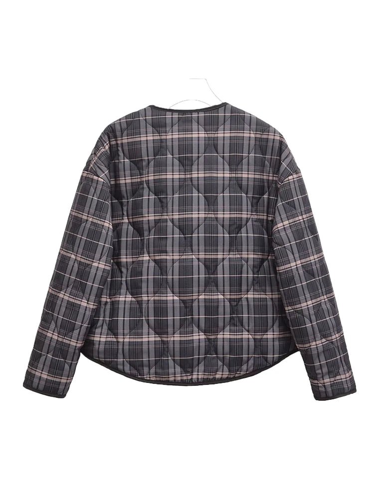 OLANE Casual Plaid Quilted Jacket Brown PlaidXSJacket