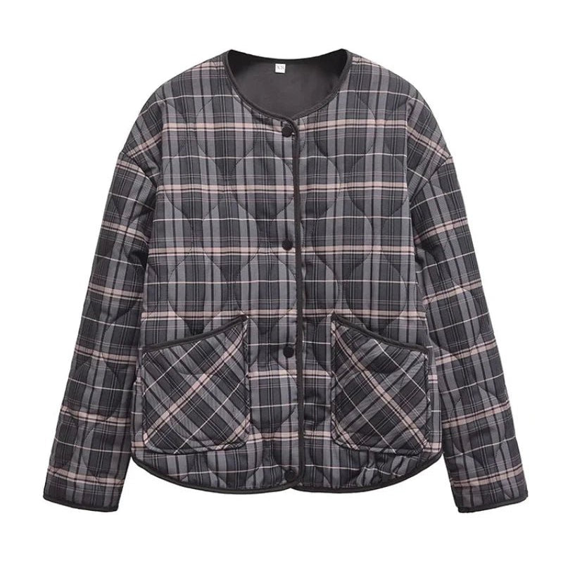 OLANE Casual Plaid Quilted Jacket Brown PlaidXSJacket
