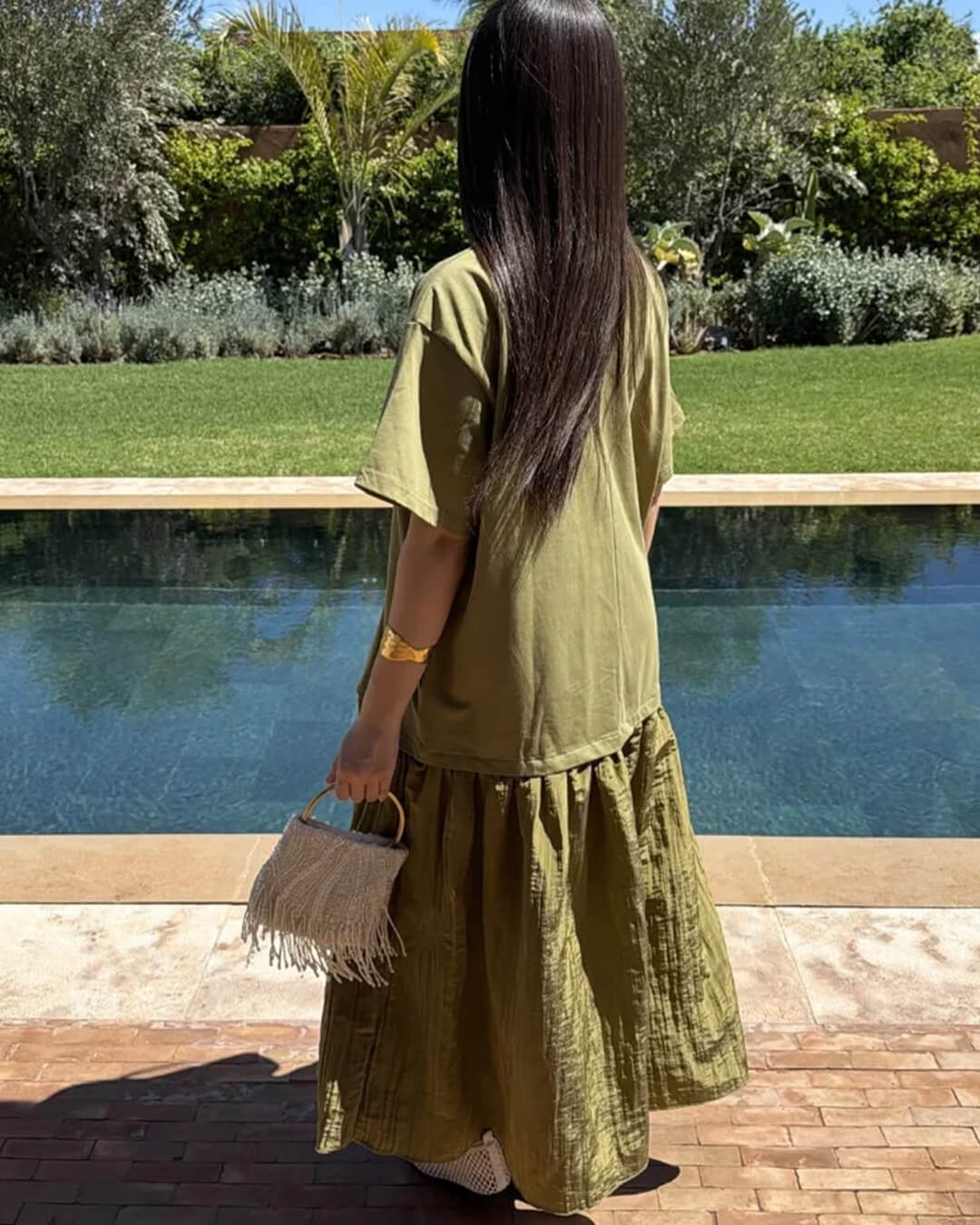 OLANE Casual Pleated Patchwork Midi Dress GreenSWomen's Dresses