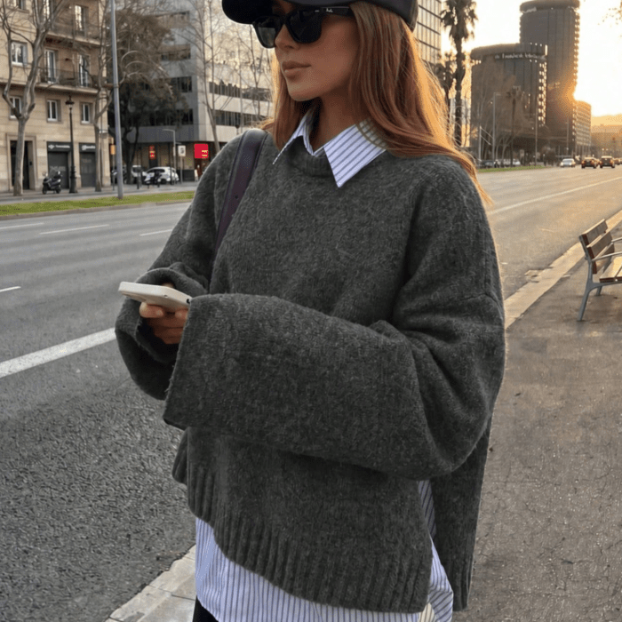 OLANE Casual Ribbed Knit Sweater GreyOne SizeWomen's Sweaters & Cardigans