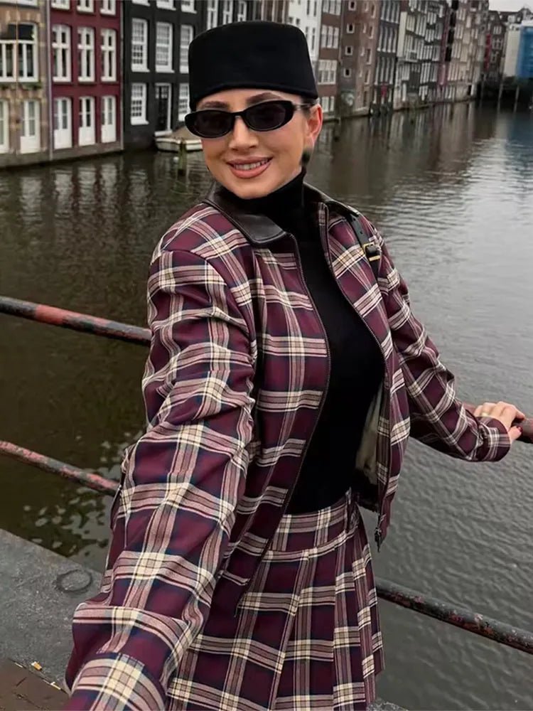 OLANE Check Bomber Jacket Skort Set Jacket OnlySWomen's Sets